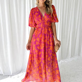 Katy™ – Vestido midi elegante con mangas abullonadas y patrón floral