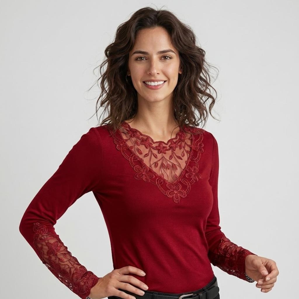 Top femenino con encaje floral y escote elegante