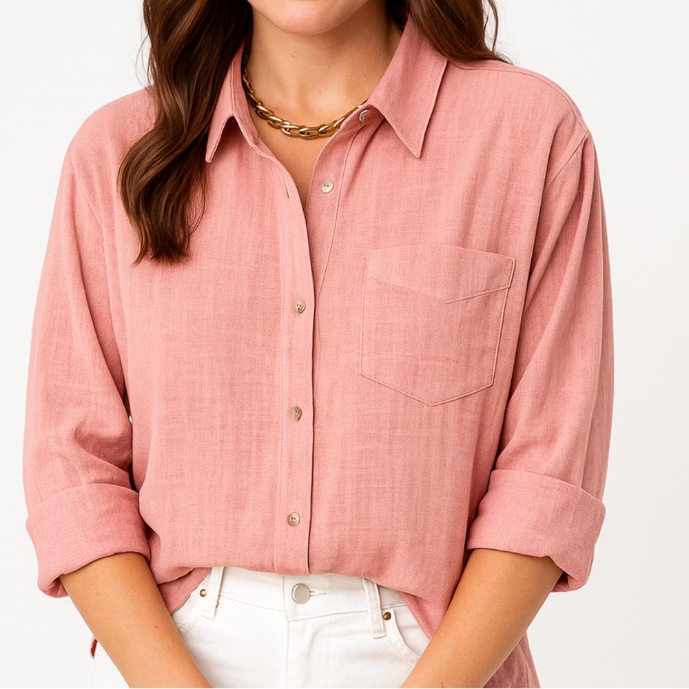 Blusa femenina de manga larga con corte suelto y bolsillo frontal