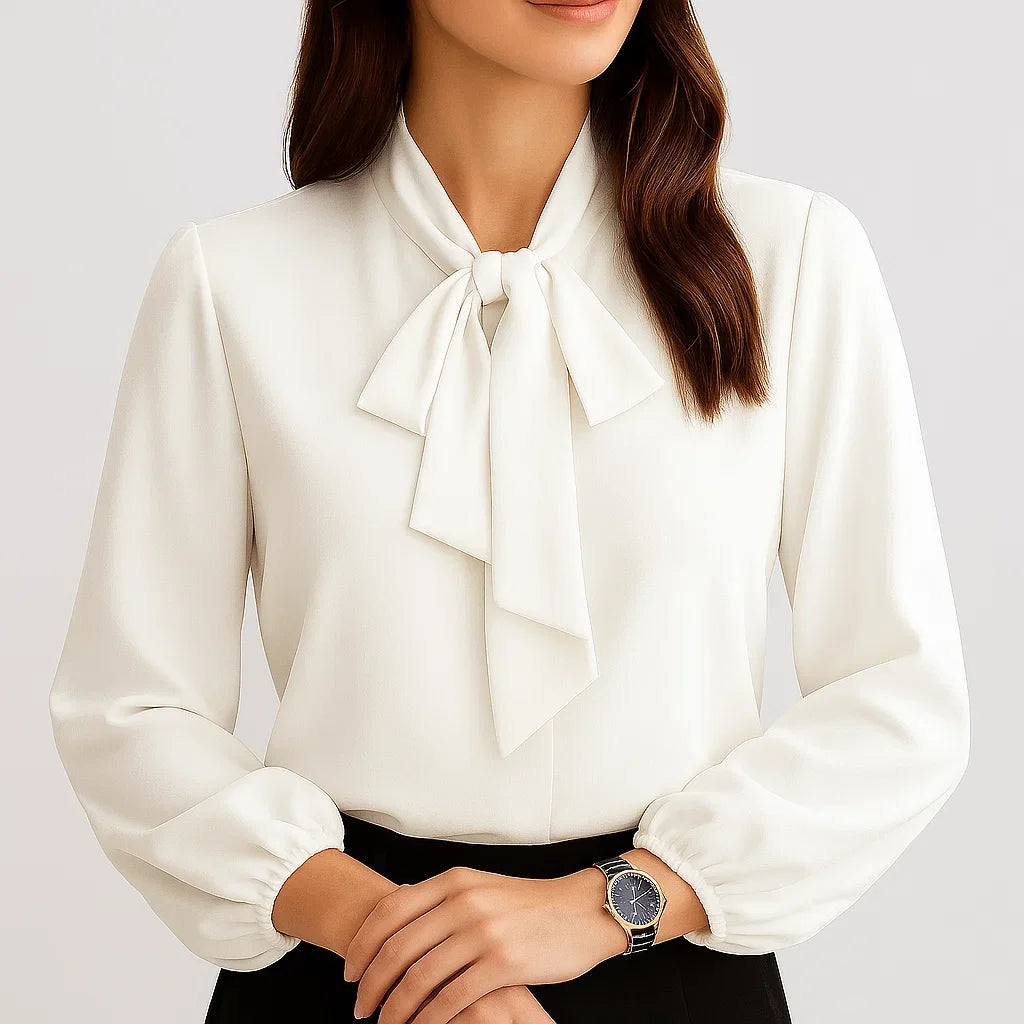 Blusa femenina elegante con lazo en el escote y manga larga