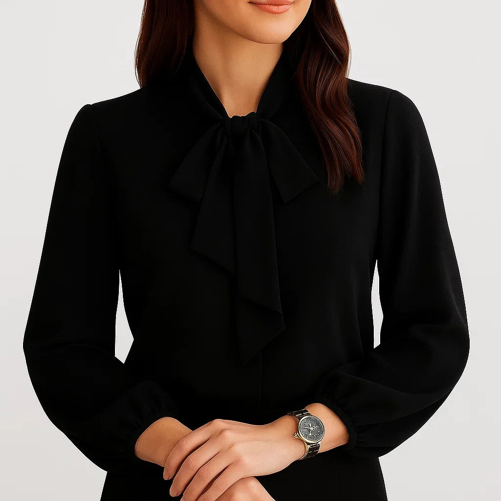 Blusa femenina elegante con lazo en el escote y manga larga