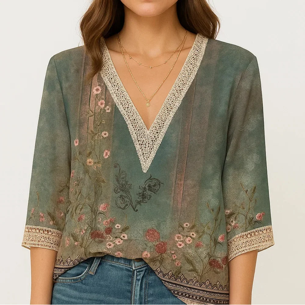 Blusa elegante con escote en V y mangas tres cuartos para mujer