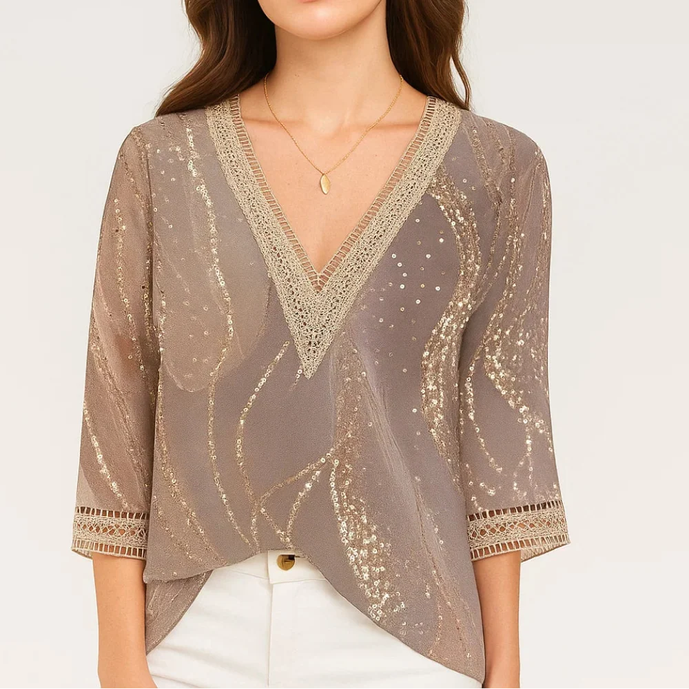 Blusa elegante con escote en V y mangas tres cuartos para mujer