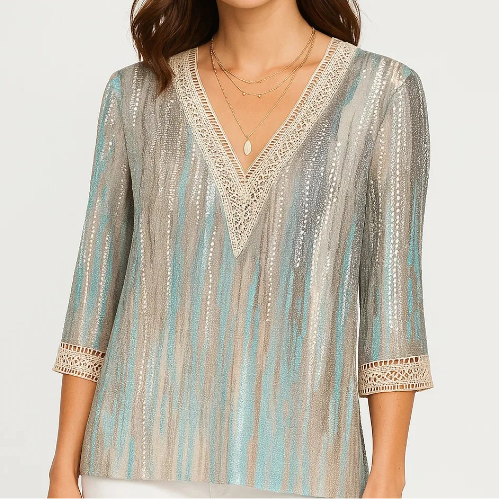 Blusa elegante con escote en V y mangas tres cuartos para mujer