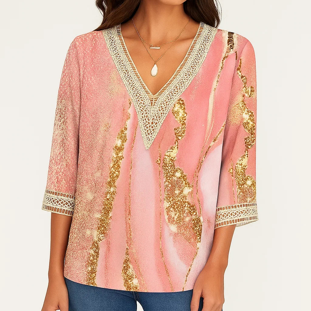 Blusa elegante con escote en V y mangas tres cuartos para mujer