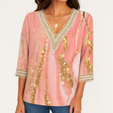 Blusa elegante con escote en V y mangas tres cuartos para mujer