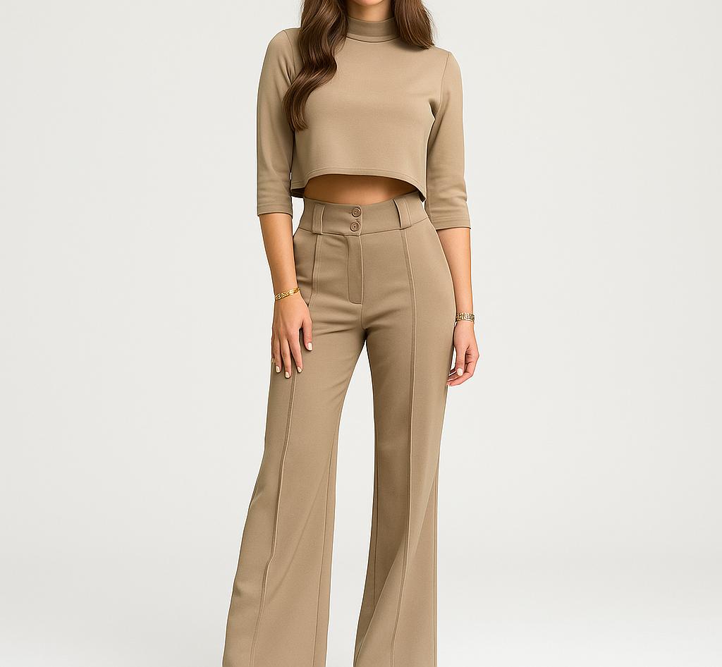 Conjunto femenino de top corto y pantalones de cintura alta