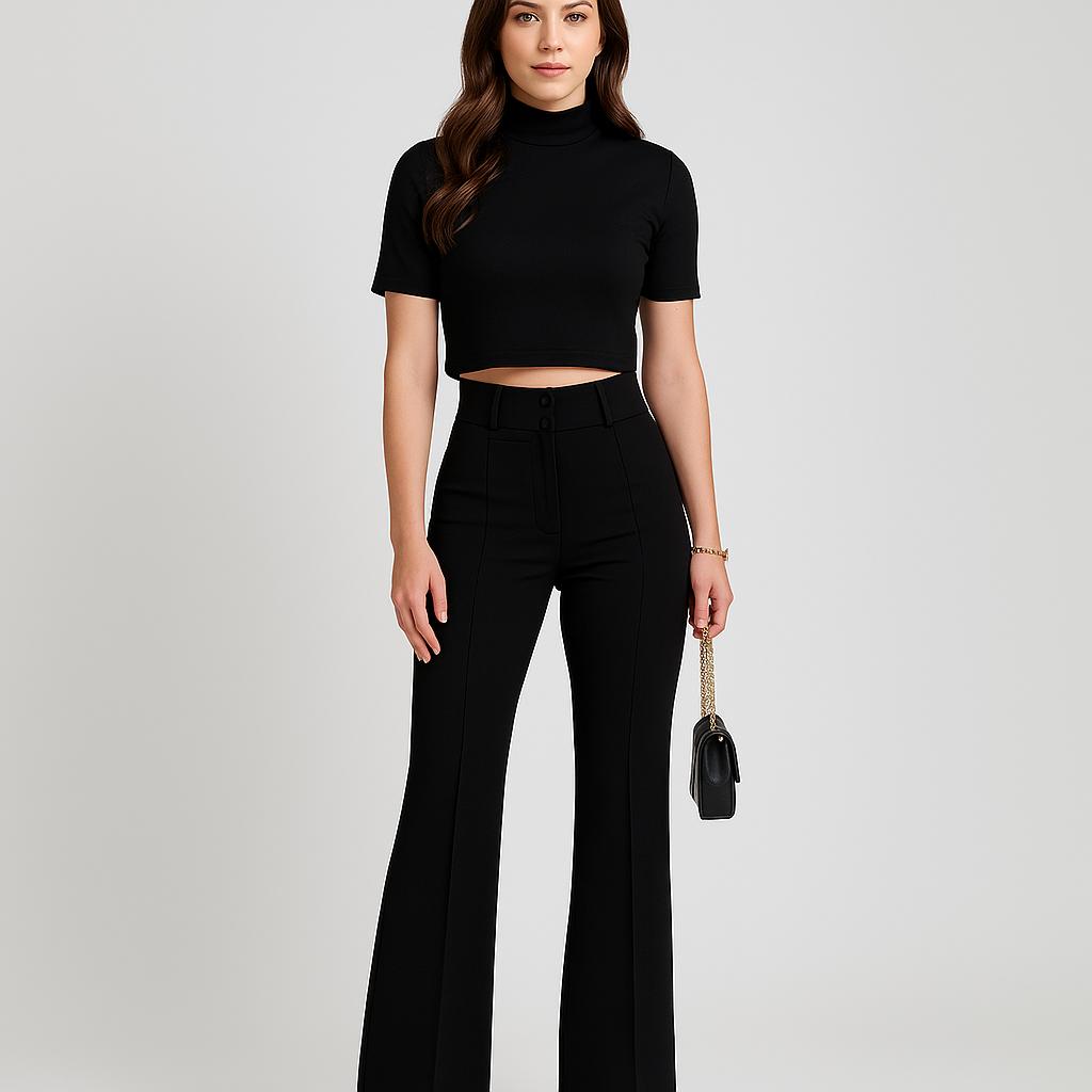 Conjunto femenino de top corto y pantalones de cintura alta