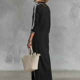 Vestido camisón minimalista para señora, con cuello blanco y tapeta de botones