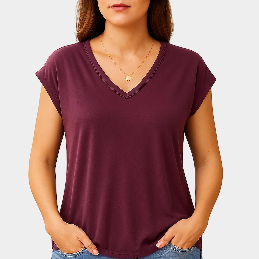 Camiseta femenina fluida con escote en V y manga corta