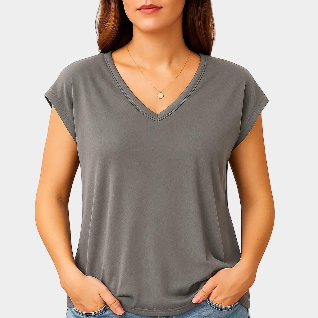 Camiseta femenina fluida con escote en V y manga corta