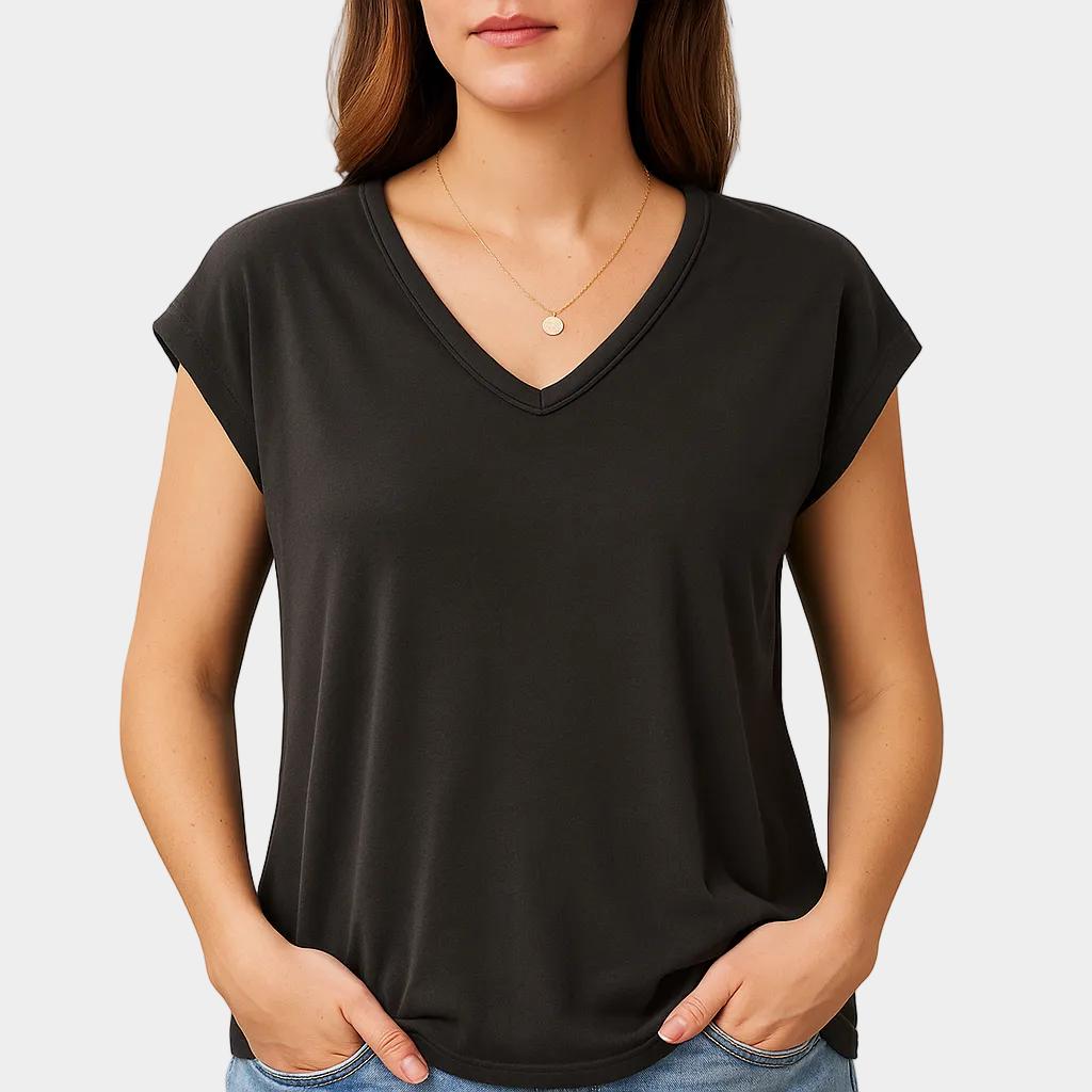 Camiseta femenina fluida con escote en V y manga corta