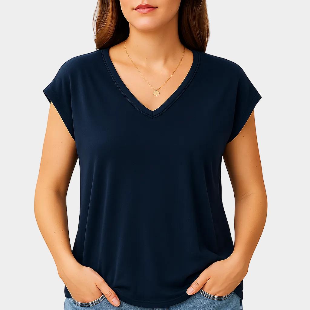 Camiseta femenina fluida con escote en V y manga corta