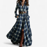 Barboteau™ Vestido largo a cuadros, de manga larga y con cinturón, para el otoño