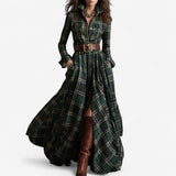 Barboteau™ Vestido largo a cuadros, de manga larga y con cinturón, para el otoño