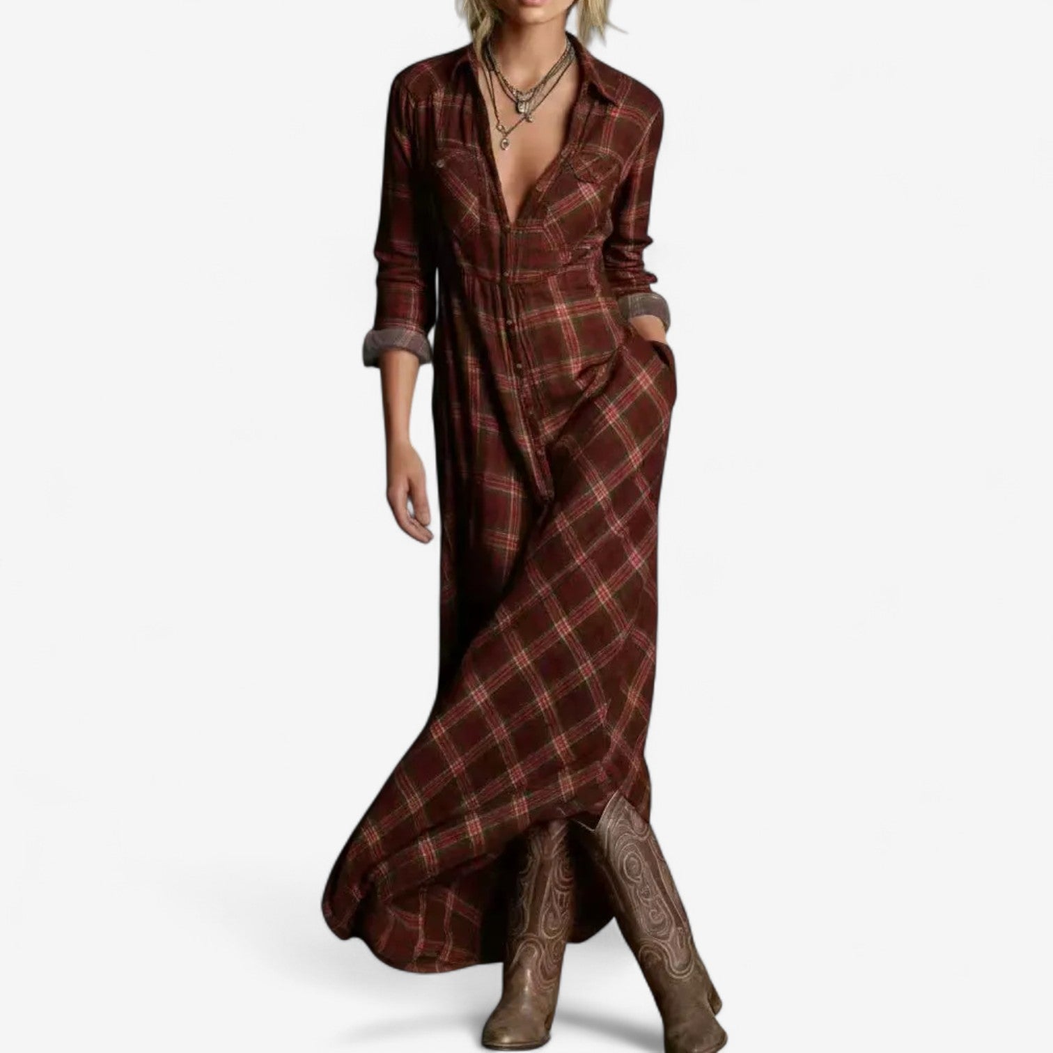 Cécile™ Vestido largo a cuadros de manga larga para el otoño