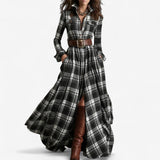 Barboteau™ Vestido largo a cuadros, de manga larga y con cinturón, para el otoño