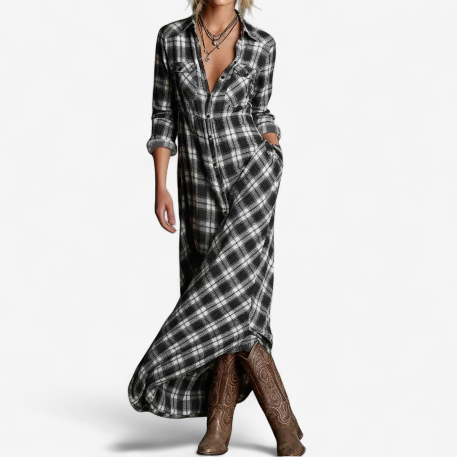Cécile™ Vestido largo a cuadros de manga larga para el otoño