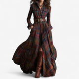 Barboteau™ Vestido largo a cuadros, de manga larga y con cinturón, para el otoño