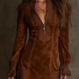 Elegante vestido corto de ante con encaje – elegante y femenino