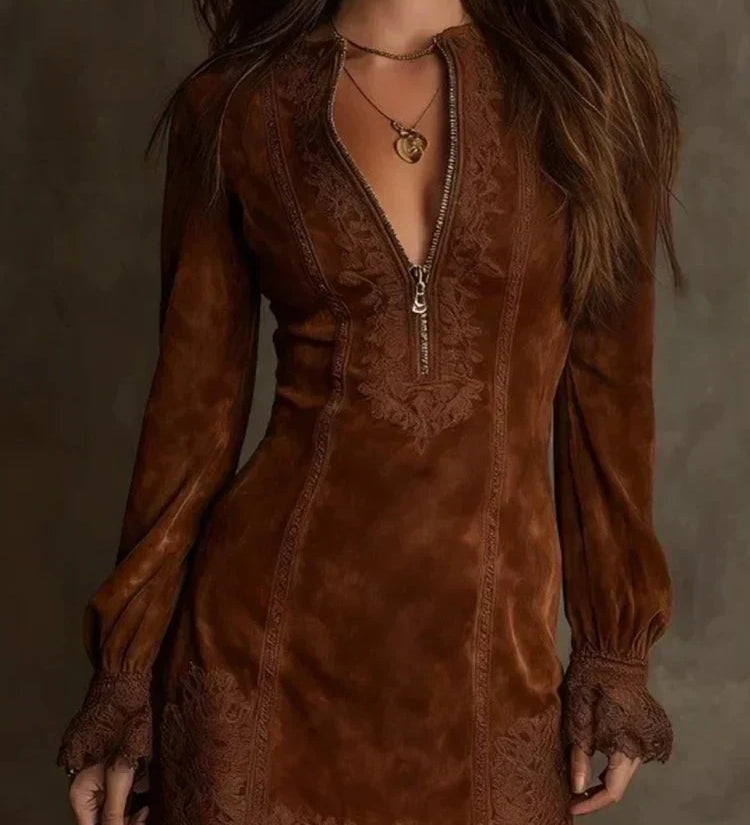 Elegante vestido corto de ante con encaje – elegante y femenino