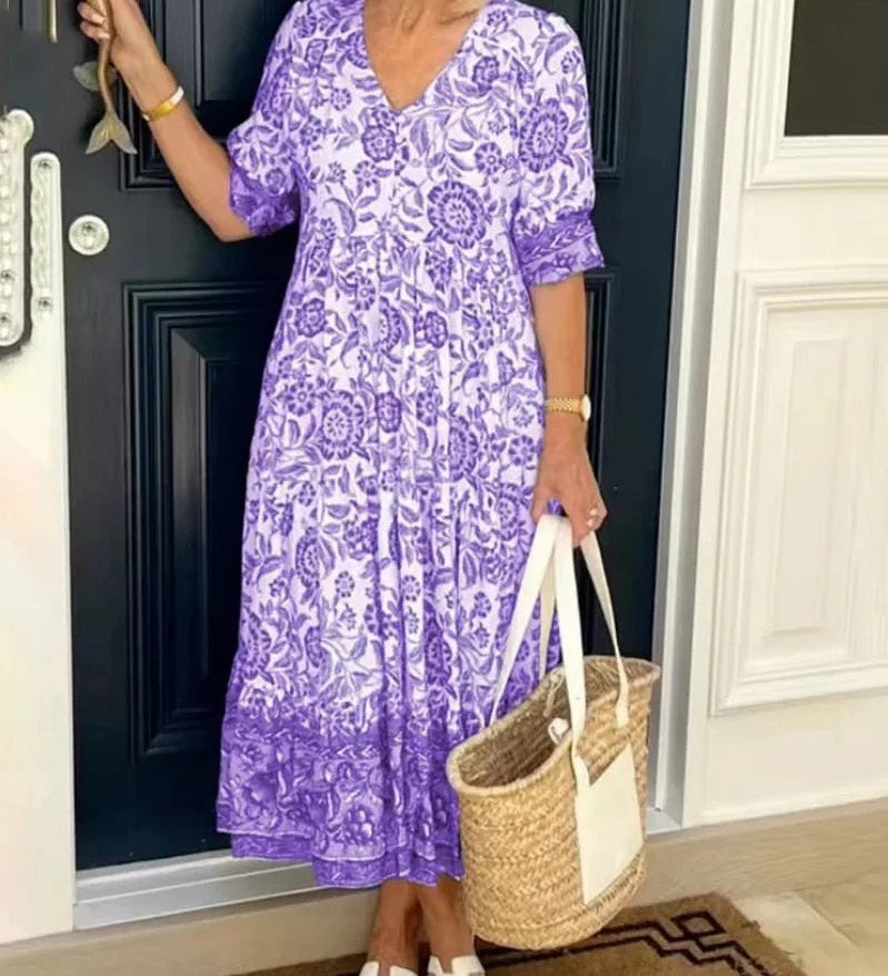 CATHY - Vestido elegante con estampado floral y escote en V