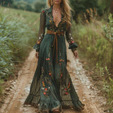 Vestido maxi bohemio bordado con escote en V para señora
