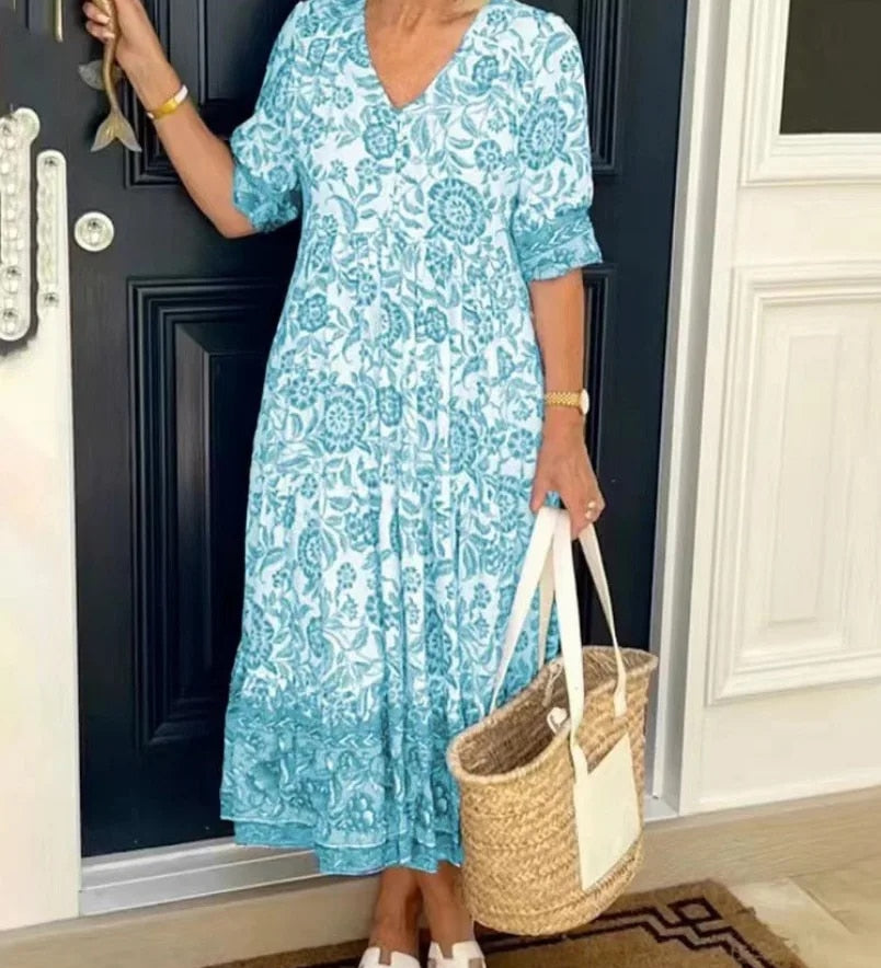 CATHY - Vestido elegante con estampado floral y escote en V