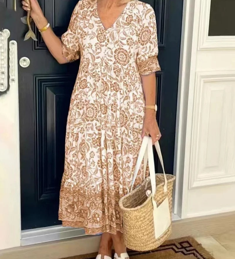 CATHY - Vestido elegante con estampado floral y escote en V