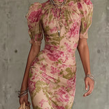Mae | Vestido maxi retro floral con mangas abullonadas