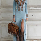 Amália - Vestido largo de manga larga con escote en V para otoño / invierno