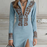 Amália - Vestido largo de manga larga con escote en V para otoño / invierno