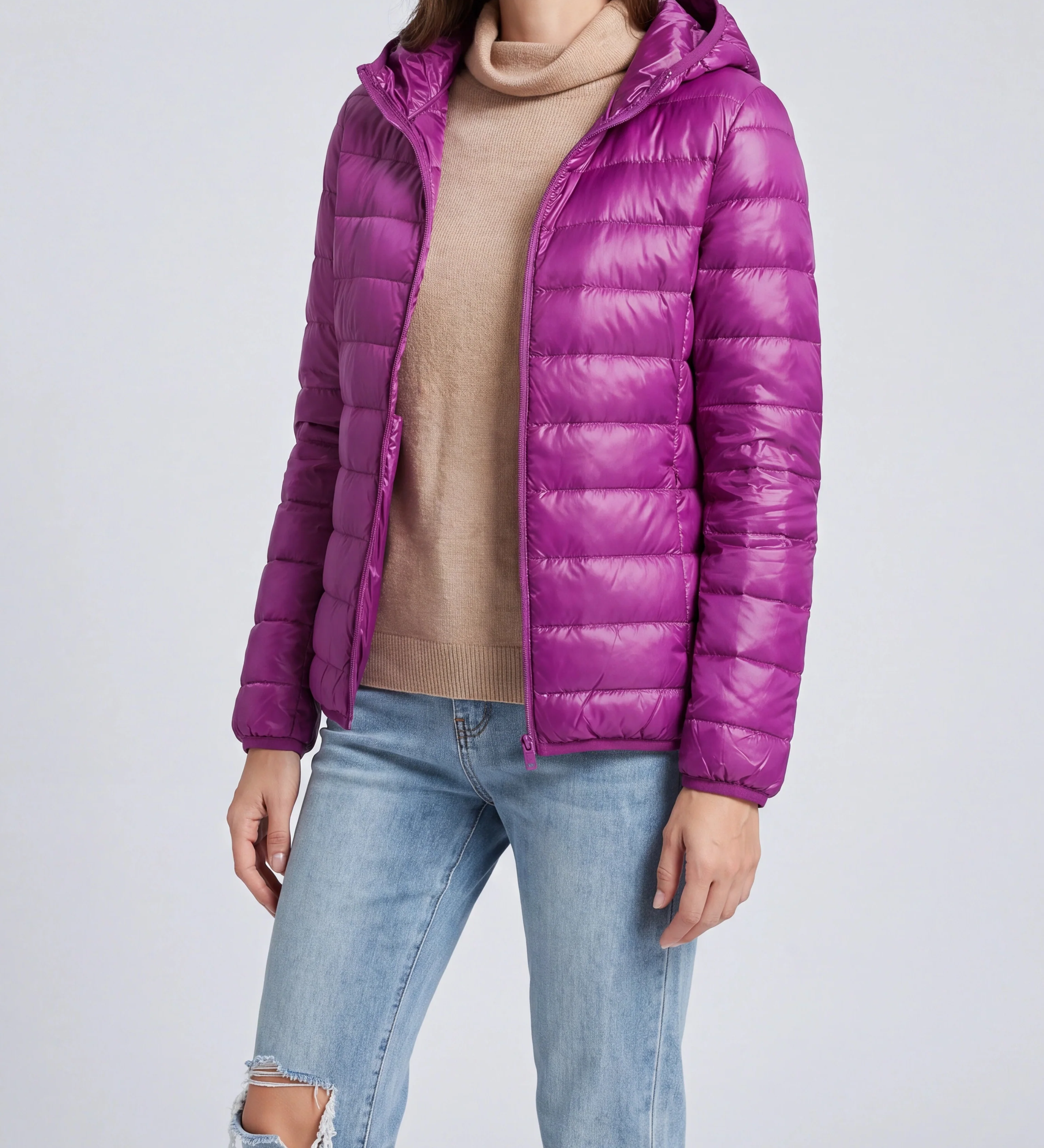 Chaqueta acolchada con capucha y cremallera ligera para mujer