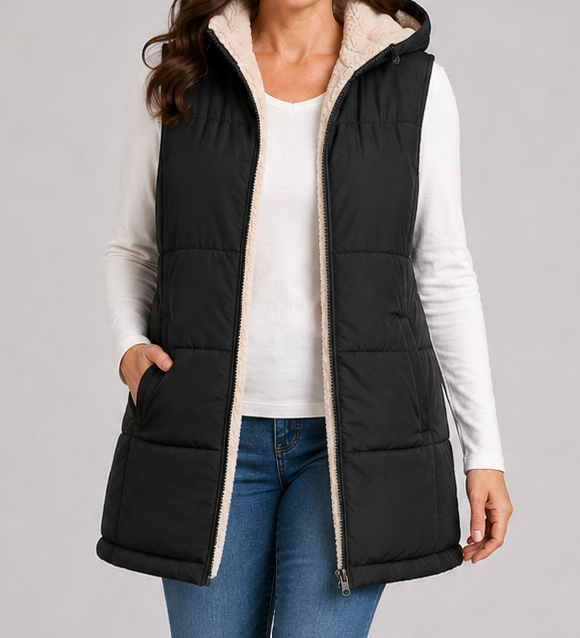 Chaleco Acolchado Largo con Capucha para Mujer con Forro de Forro Polar