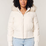 Chaqueta Puffer Cortada para Mujer con Capucha de Piel Sintética y Cierre Frontal