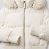 Chaqueta Puffer Cortada para Mujer con Capucha de Piel Sintética y Cierre Frontal