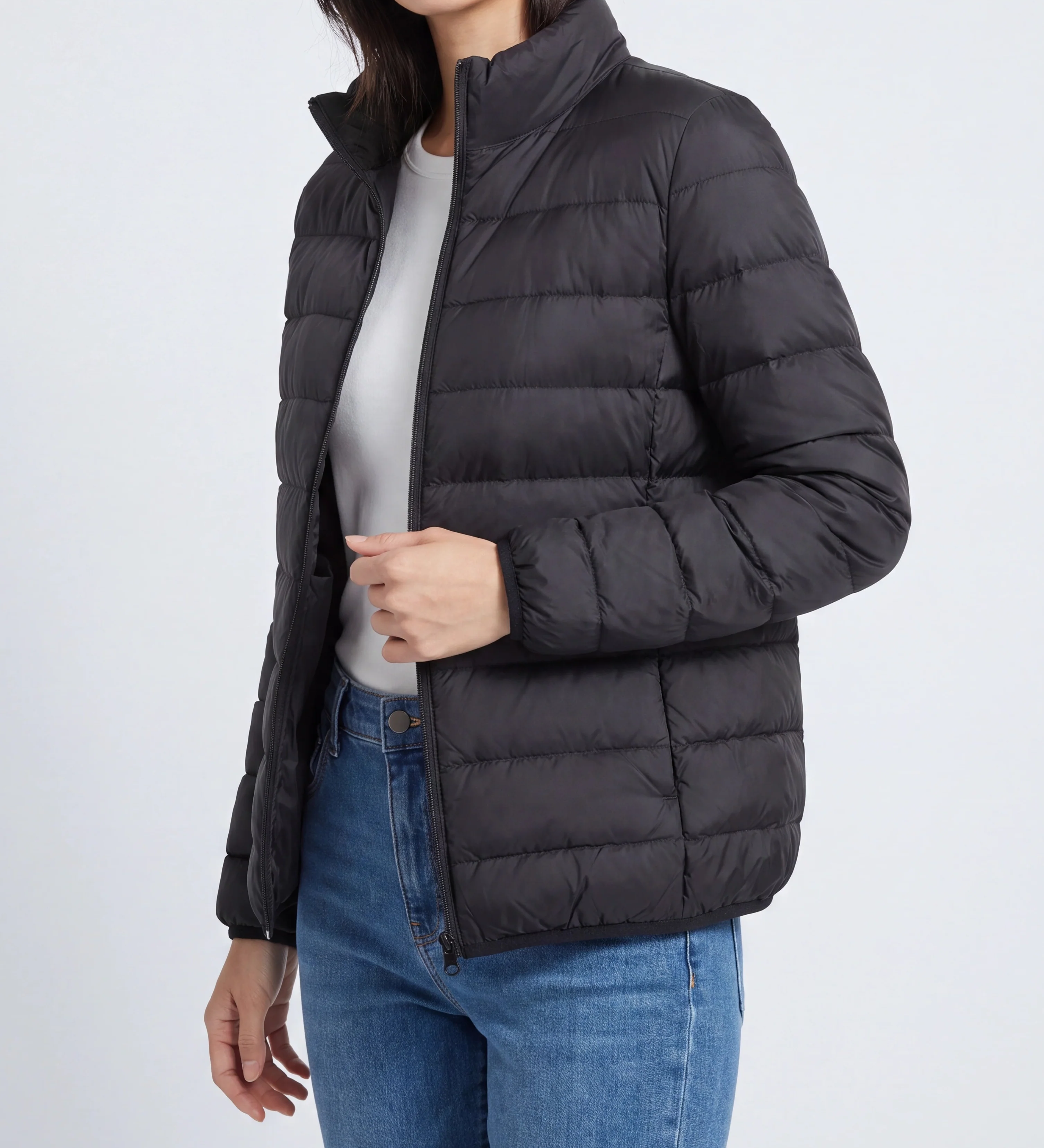 Chaqueta Puffer Ligera de Cuello Alto con Cierre para Mujeres