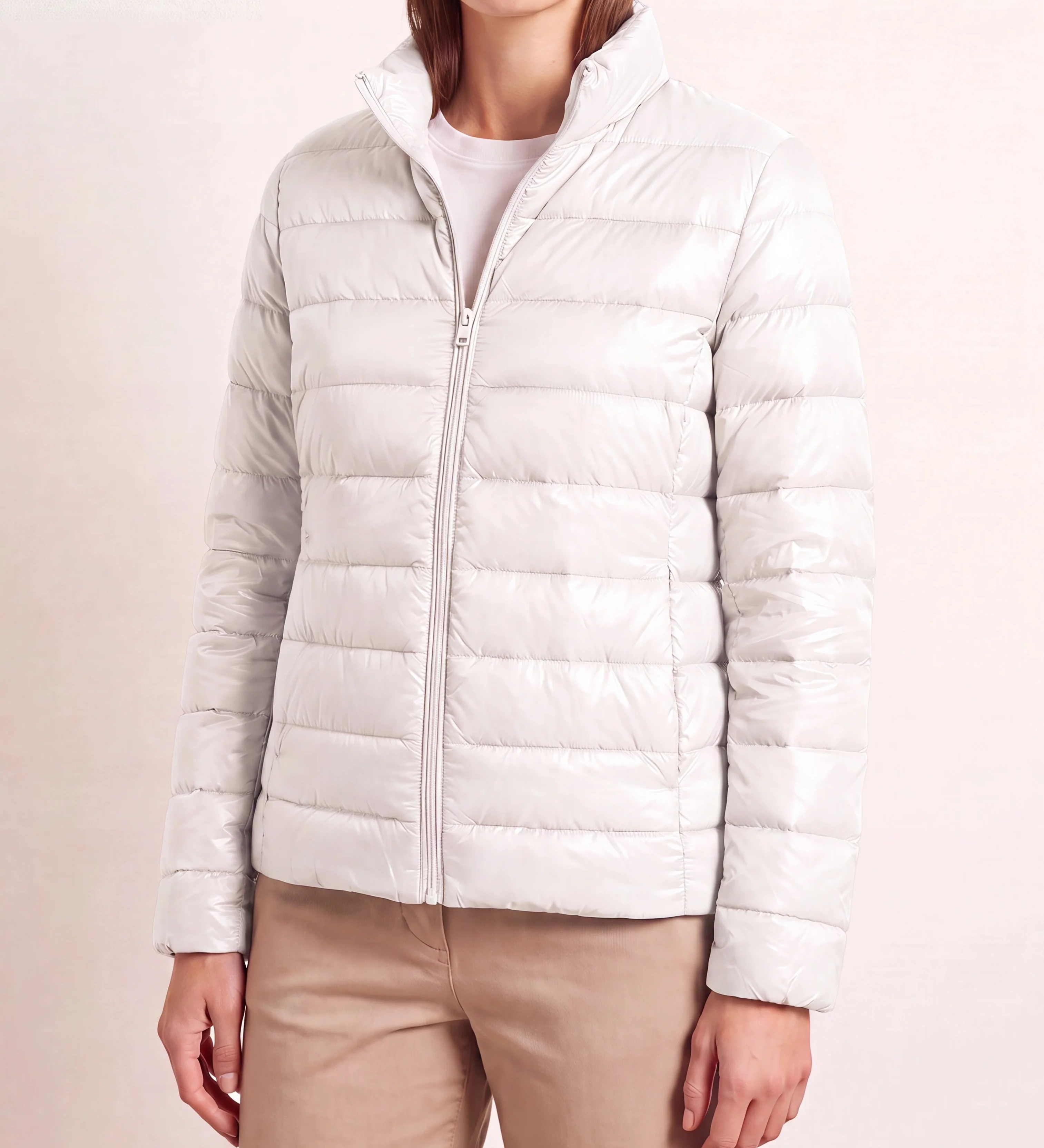 Chaqueta Puffer Ligera de Cuello Alto con Cierre para Mujeres