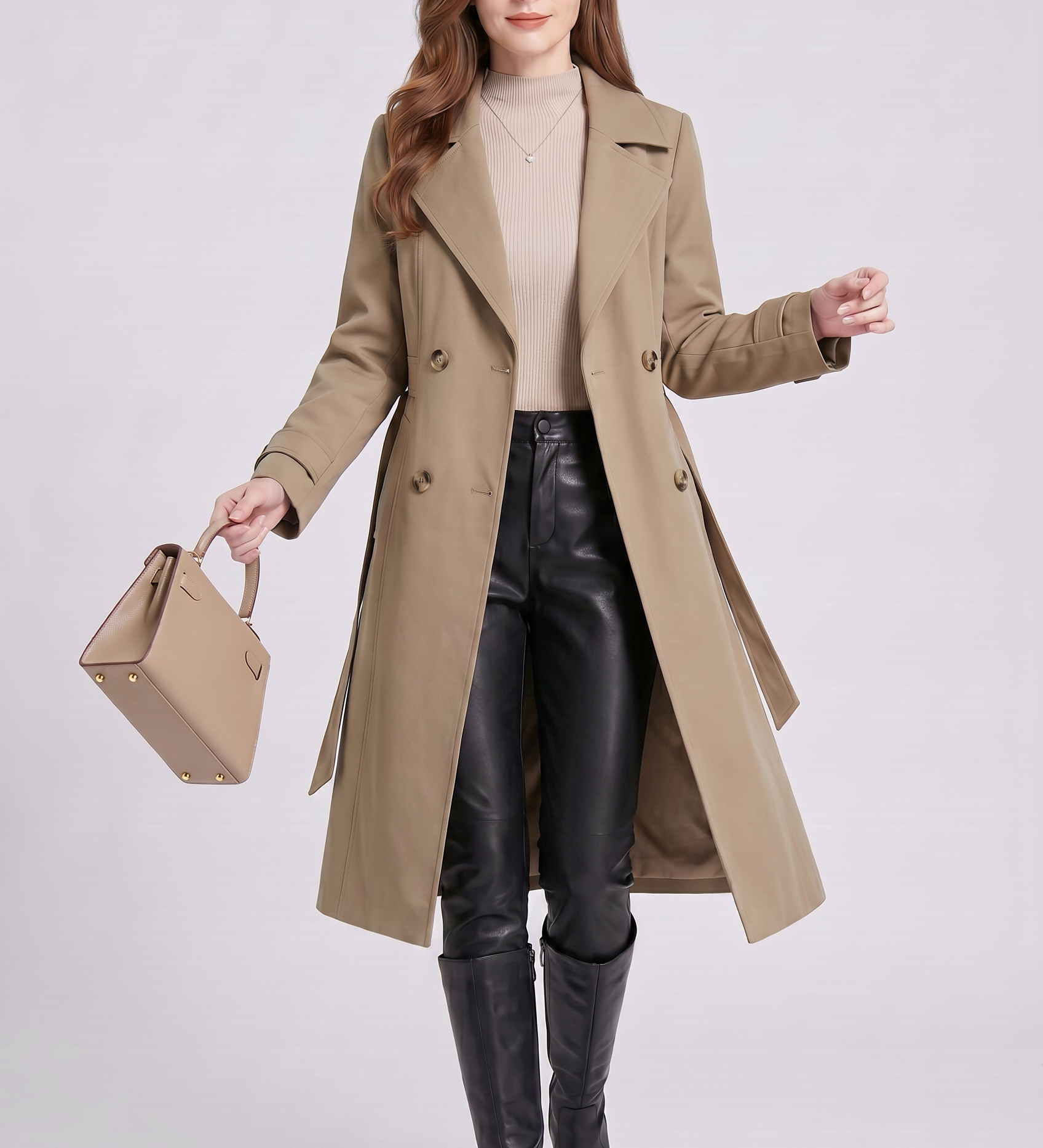 Abrigo Trench Doble Botonadura para Mujeres con Cinturón y Cuello de Solapa