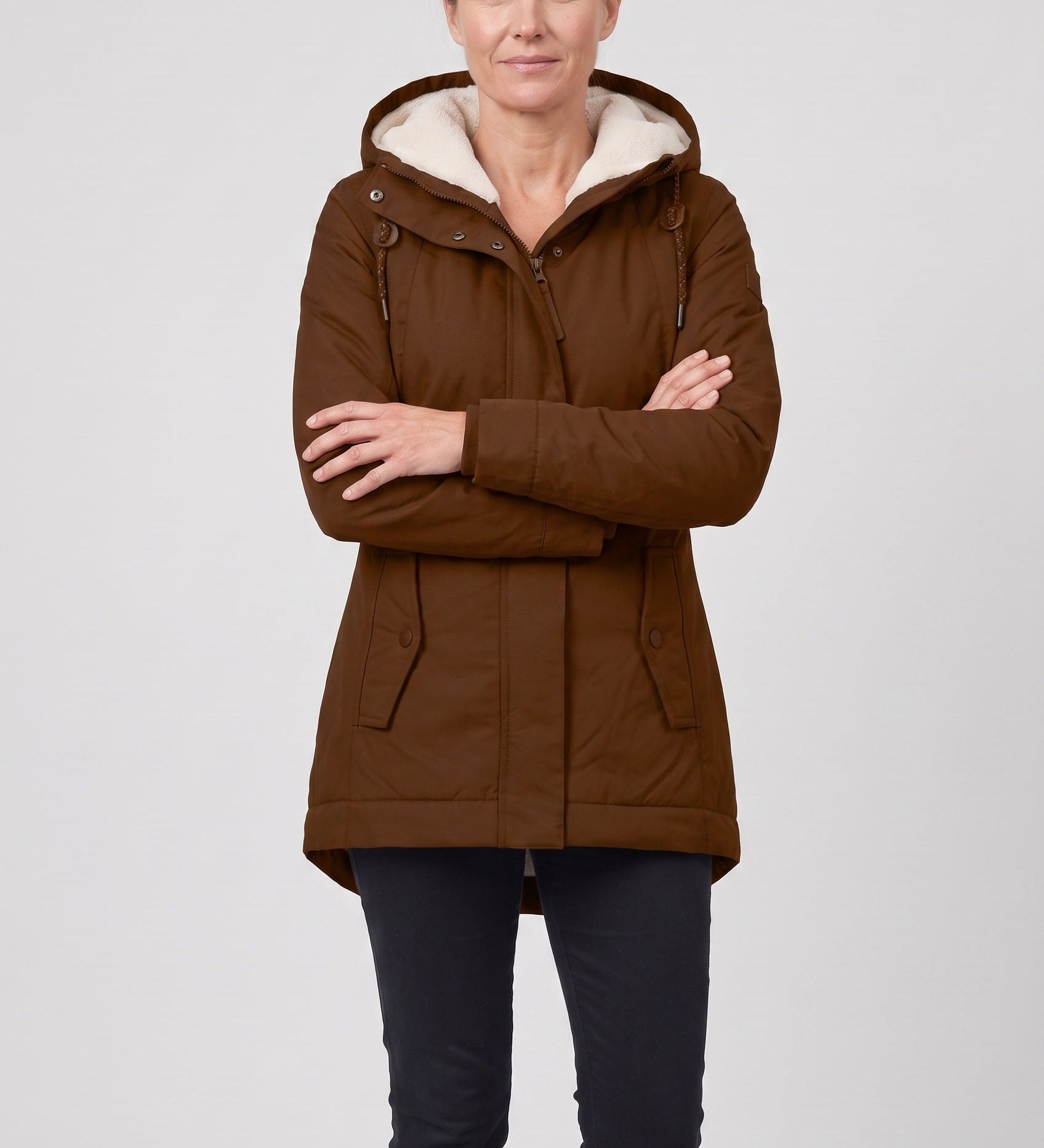 Parka acolchada larga para mujer con capucha forrada de sherpa y cierre de cremallera