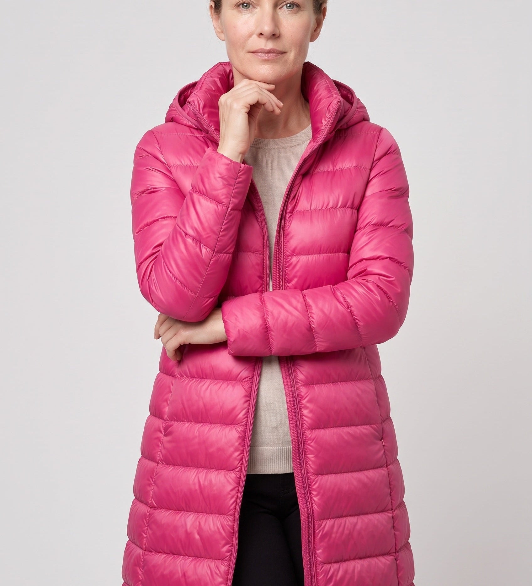 Chaqueta de Puffer Larga con Capucha para Mujeres con Cierre Frontal