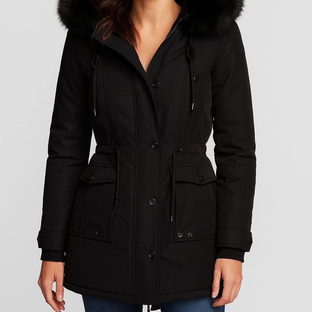 Parka femenina acolchada con capucha y corte ajustado