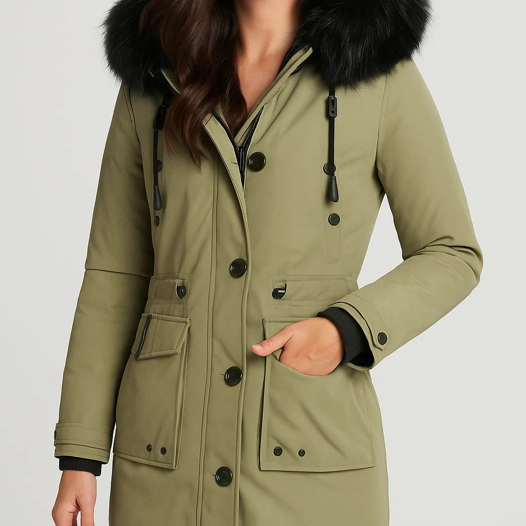 Parka femenina acolchada con capucha y corte ajustado
