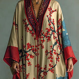 Vestido largo con mangas murciélago y estampado japonés de flores de ciruelo rojas