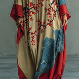 Vestido largo con mangas murciélago y estampado japonés de flores de ciruelo rojas