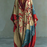 Vestido largo con mangas murciélago y estampado japonés de flores de ciruelo rojas