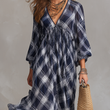 Vestido maxi fluido de estilo francés, azul marino a cuadros, de corte relajado