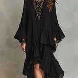 Elegante vestido midi bohemio negro asimétrico con pliegues