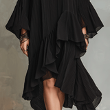 Elegante vestido midi bohemio negro asimétrico con pliegues