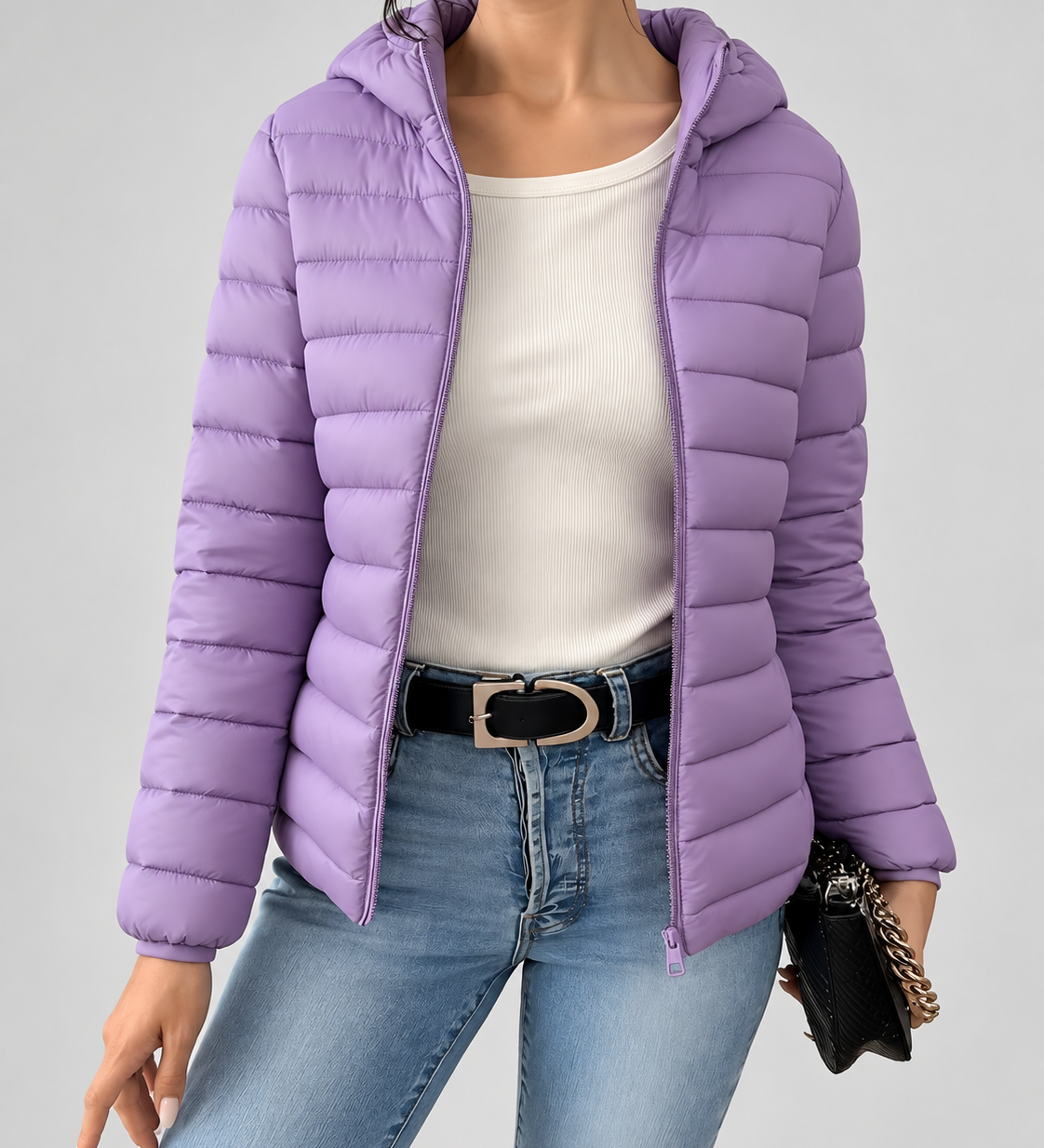 Chaqueta de Puffer Acolchada con Capucha para Mujer con Cierre Frontal